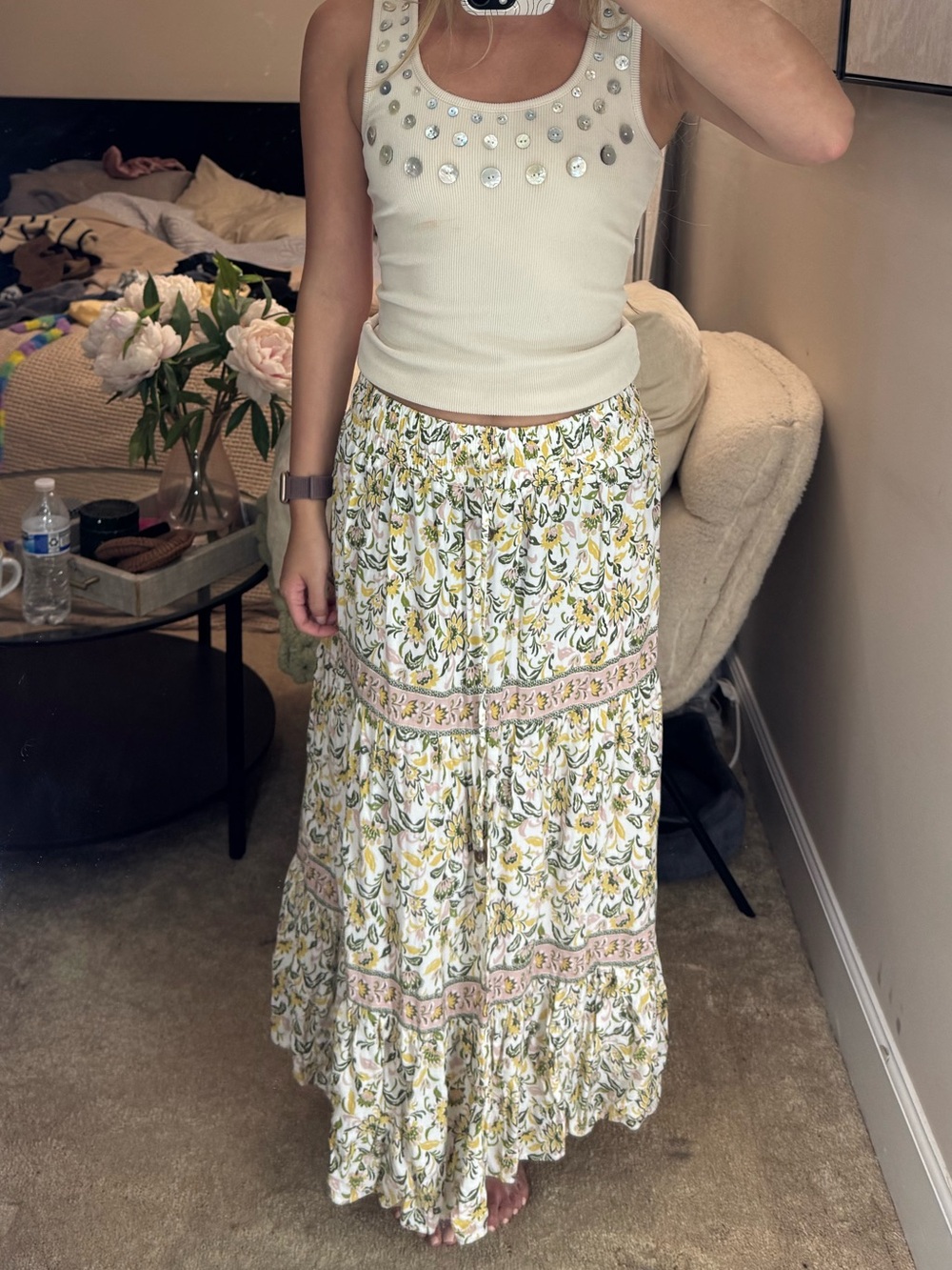 Japna Cream Maxi Skirt with Yellow & Green Floral Print - Picture 3 of 5
